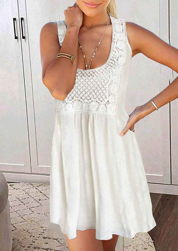 

Mini Dresses Lace Splicing Hollow Out Sleeveless Mini Dress in White. Size: L,M