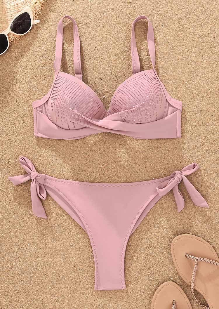 

Bikini Sets Rhinestone Criss-Cross Tie Bikini Set in Pink. Size