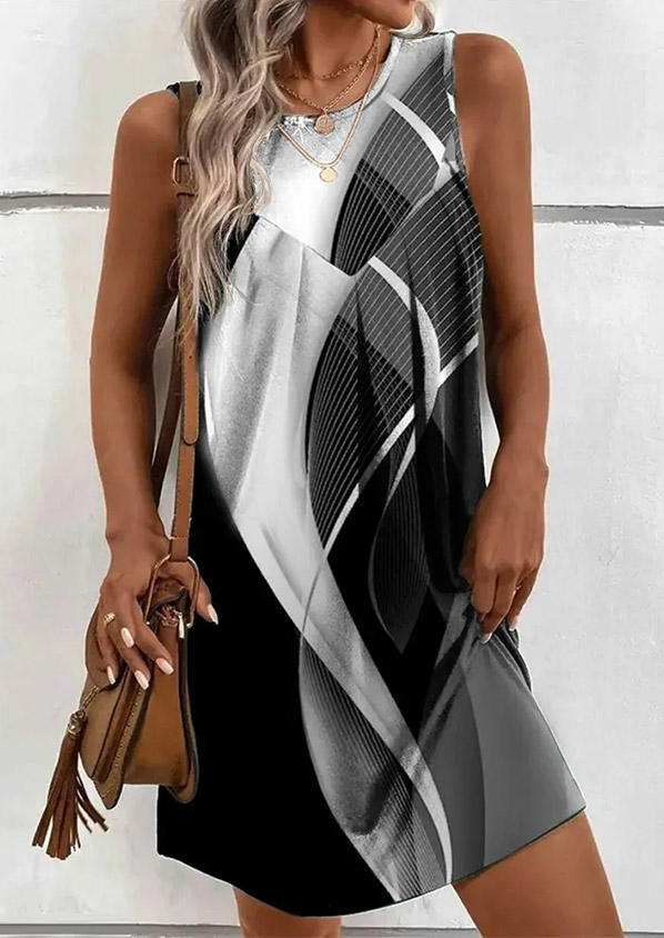 Color Block Button Sleeveless O-Neck Mini Dress