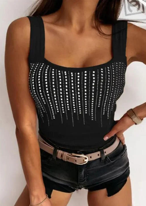 

Tank Tops Rhinestone Thick Strap Square Collar Tank Top in Black. Size