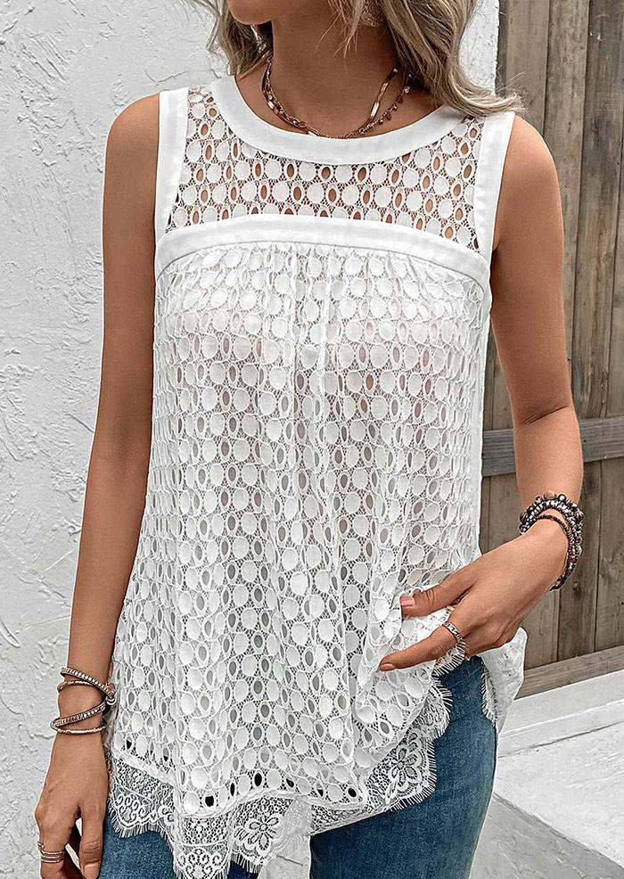 

Tank Tops Lace Splicing Hollow Out Tank Top in White. Size: M