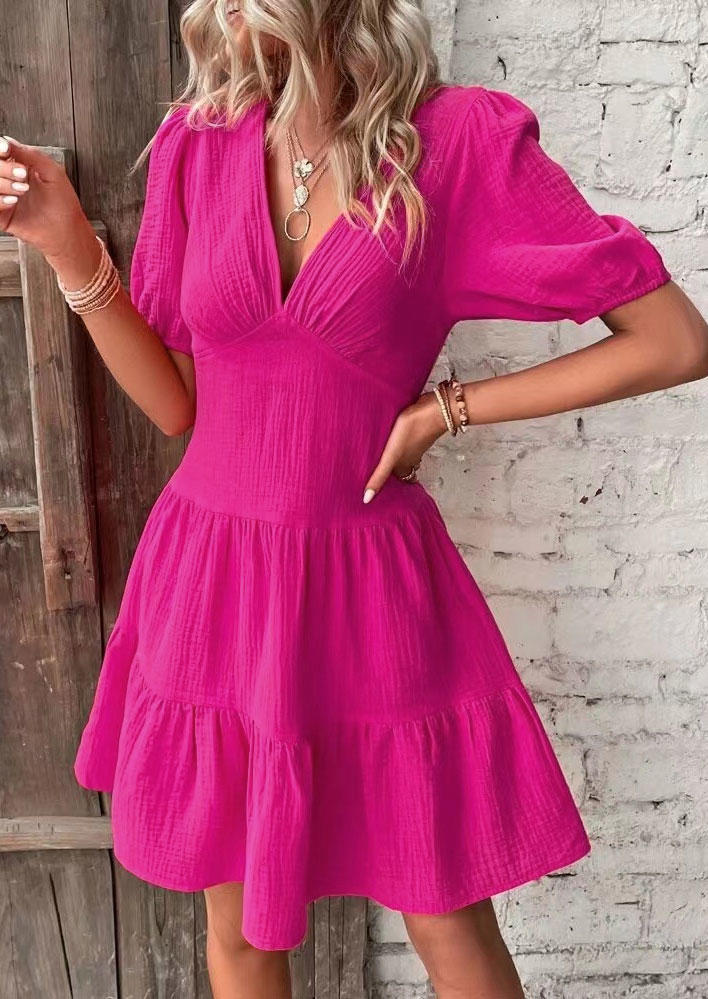 Ruffled Zipper V-Neck Mini Dress - Rose Red