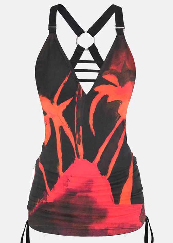 

Tank Tops Abstract Graphic Criss-Cross Hollow Out Drawstring Tank Top in Multicolor. Size: L,M,,XL