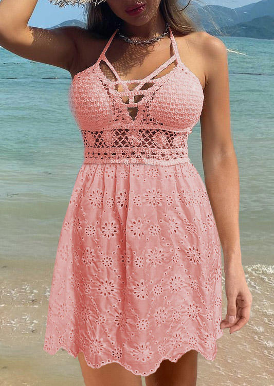 

Mini Dresses Lace Splicing Hollow Out Open Back Mini Dress in Pink. Size: L,M,,XL