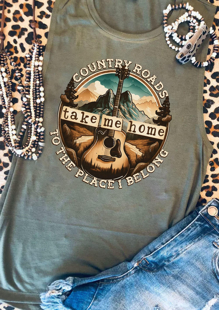 

Tank Tops Country Roads Take Me Home To The Place I Belong Tank Top - Army Green in Green. Size