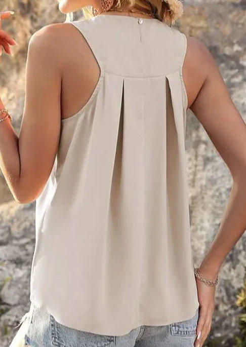 

Tank Tops Loose Plain Ruffled Button Casual O-Neck Tank Top in Khaki. Size