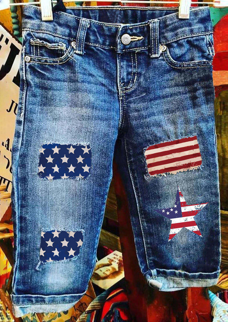 

Shorts American Flag Patch Pocket Button Denim Shorts in Blue. Size: L,M,,XL