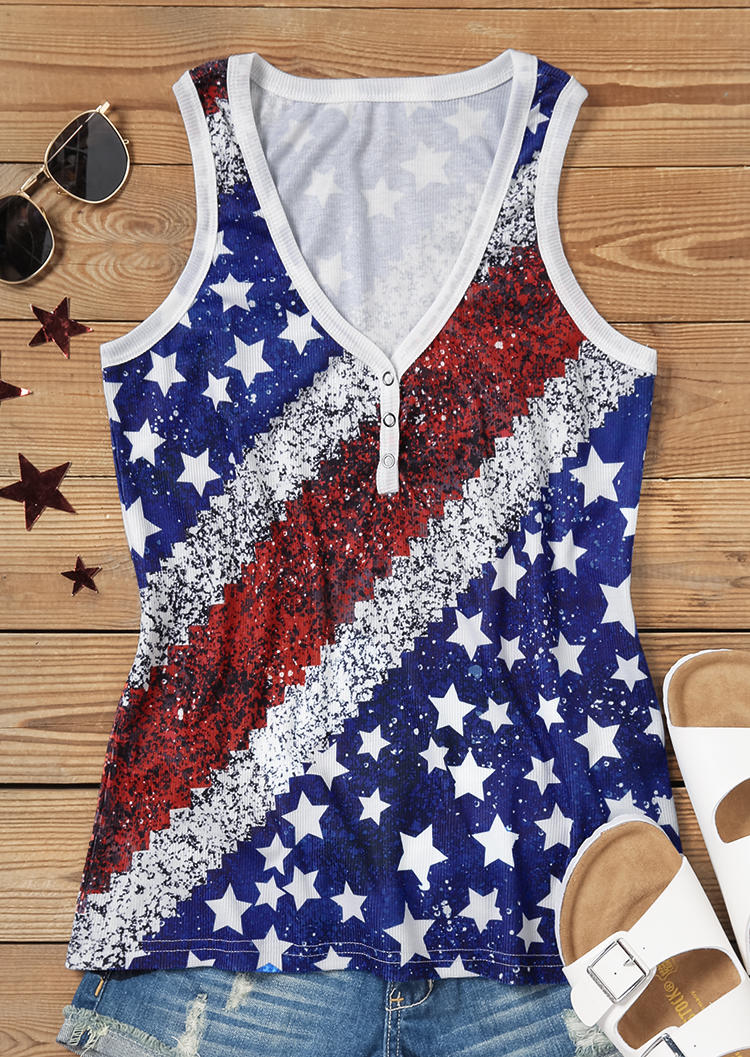 

Tank Tops American Flag Glitter Snap Button Tank Top in Multicolor. Size