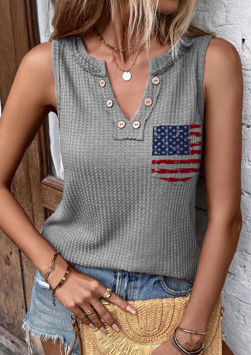 

Tank Tops American Flag Waffle Button Tank Top in Gray. Size