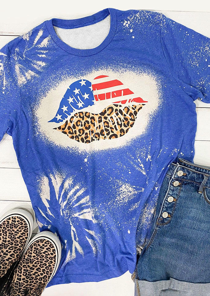 

T-shirts Tees American Flag Leopard Lips Bleached T-Shirt Tee in Blue. Size: L,M,,XL