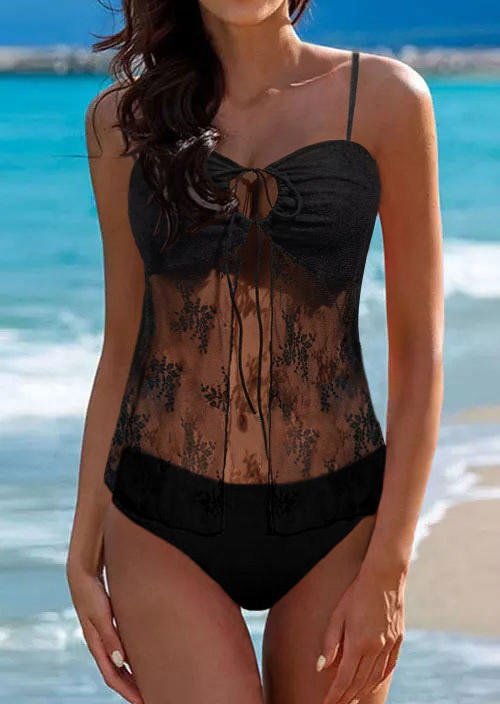 

Tankinis Lace Splicing Hollow Out Ruched Tankini Set in Black. Size: L,M,,XL