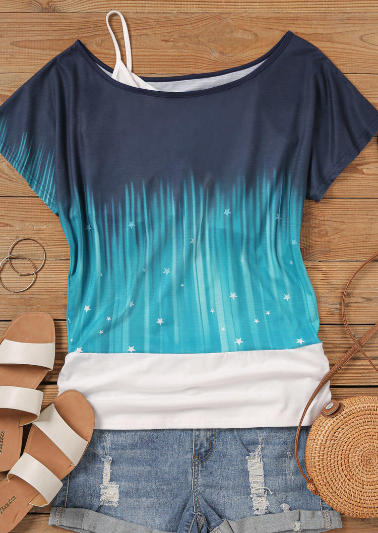

Blouses 2Pcs Gradient Color Block Star Blouses in Blue. Size: L,M,,XL