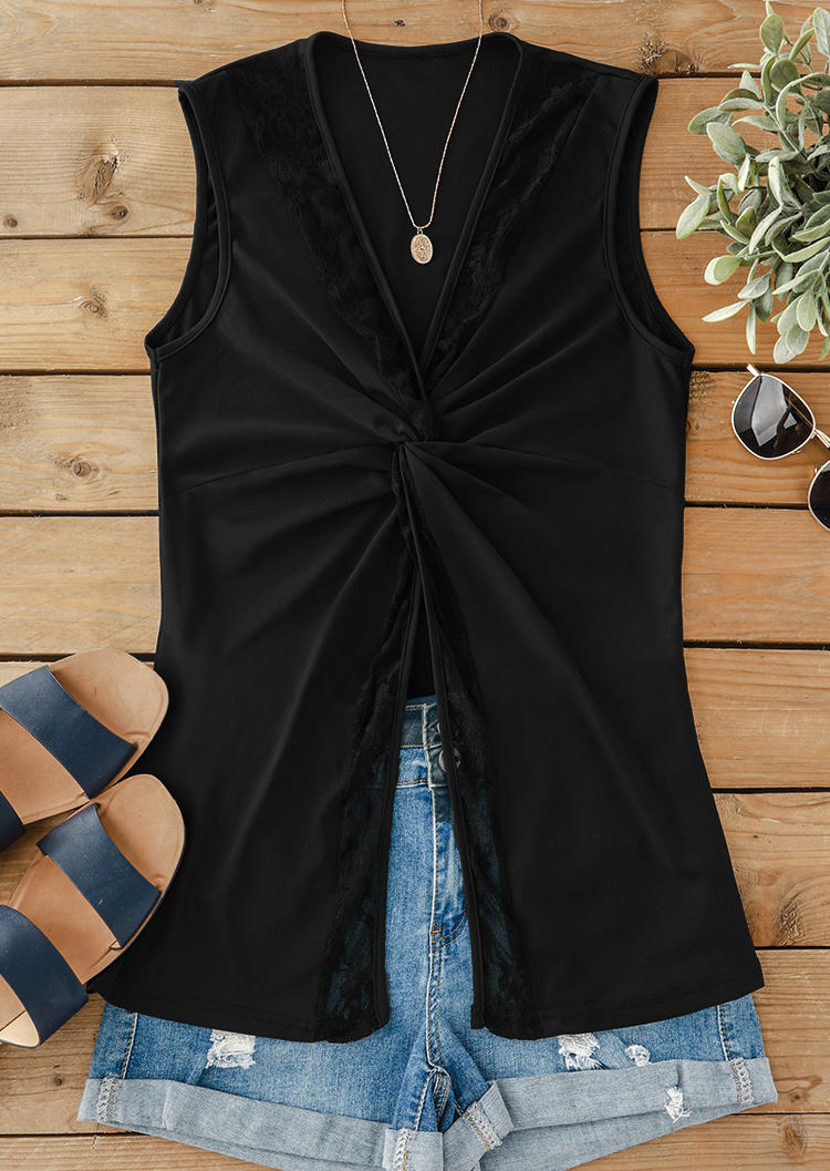 

Tank Tops Lace Splicing Twist Tank Top in Black. Size: L,M
