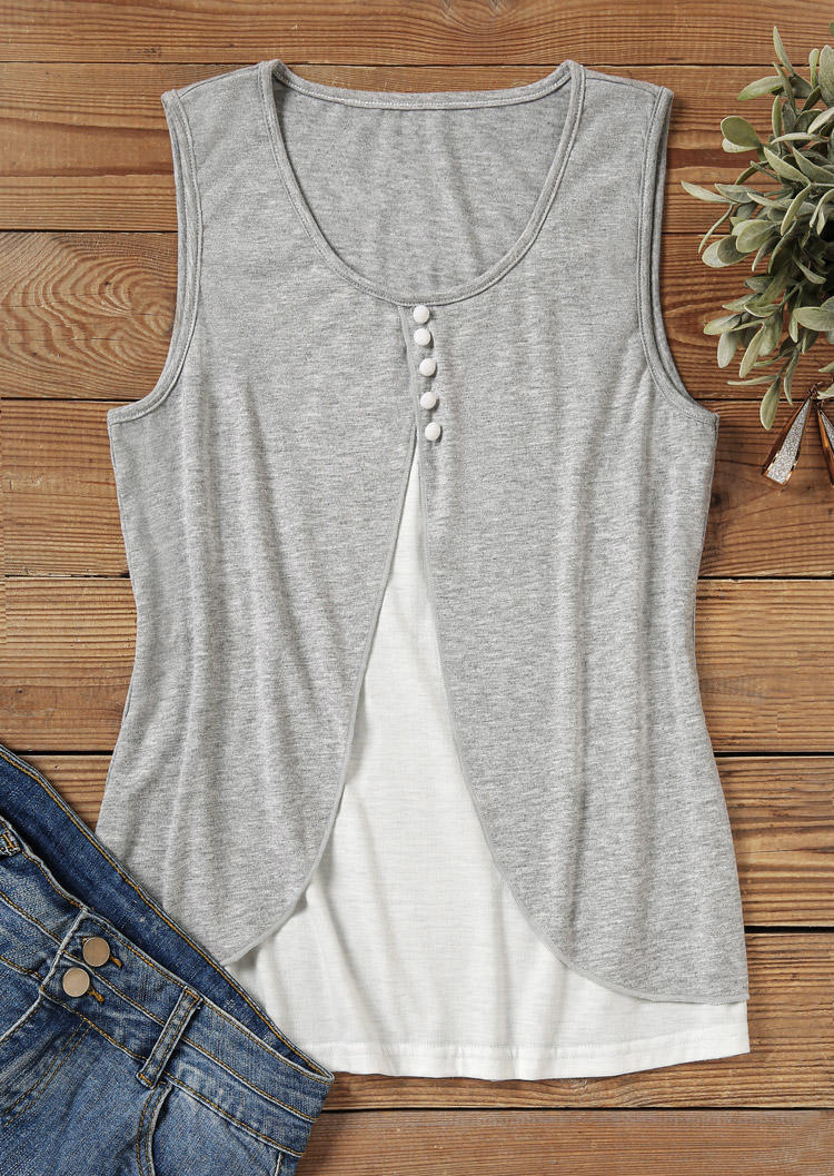

Tank Tops Slit Button Fake Two-Piece Tank Top in Gray. Size