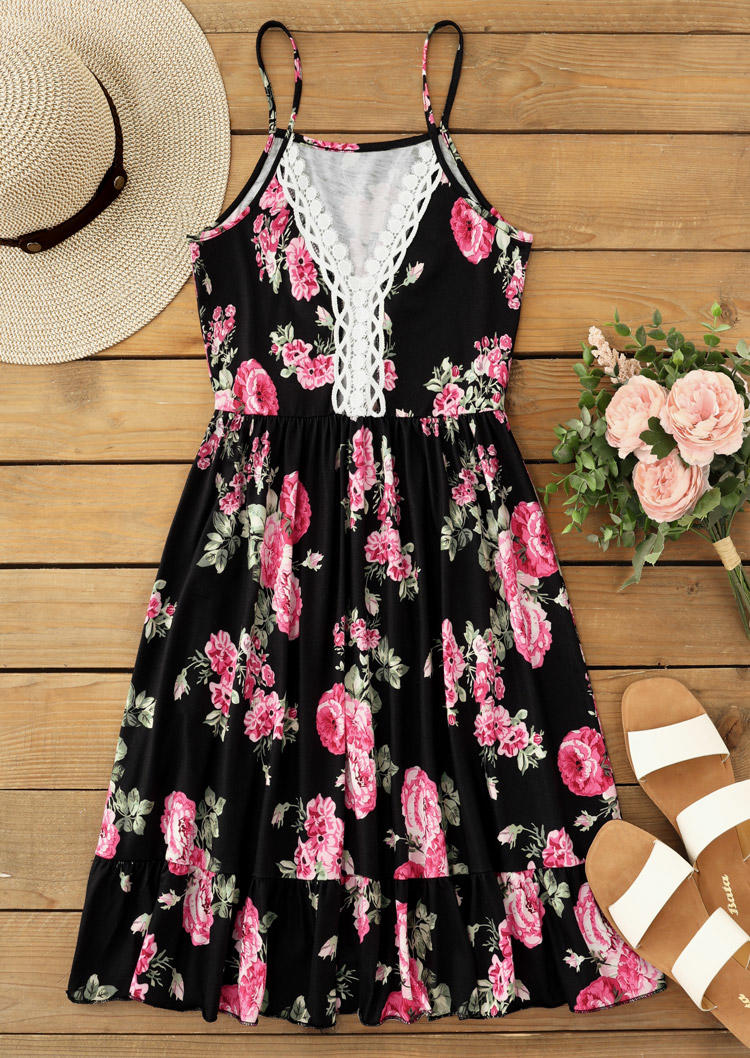 

Mini Dresses Floral Lace Splicing Spaghetti Strap Mini Dress in Black. Size: L,M,,XL