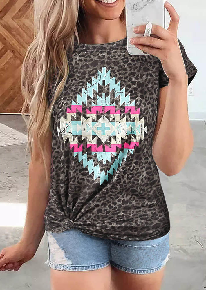 

T-shirts Tees Aztec Geometric Leopard Cross T-Shirt Tee in Multicolor. Size
