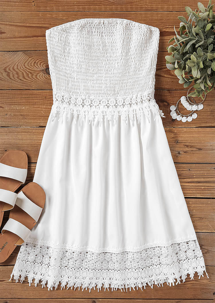 

Mini Dresses Lace Splicing Smocked Strapless Ruffled Mini Dress in White. Size