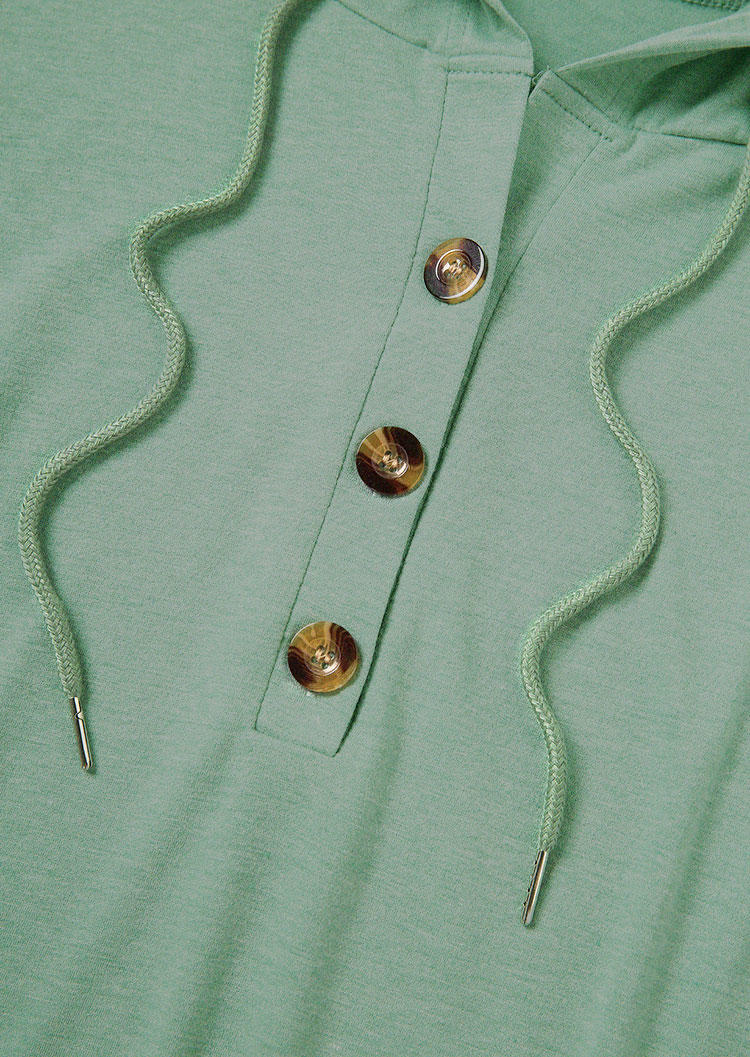 Button Hooded Short Sleeve Blouse - Green