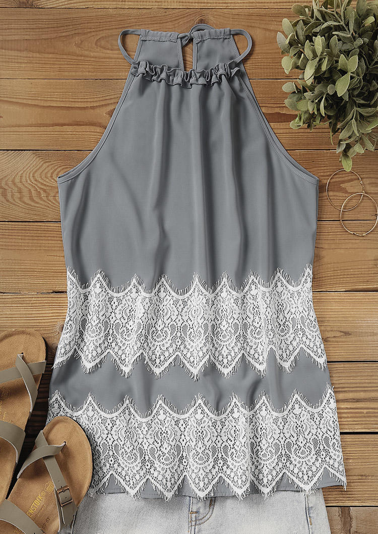 

Tank Tops Lace Splicing Ruffled Halter Tie Camisole in Gray. Size: L,M,,XL