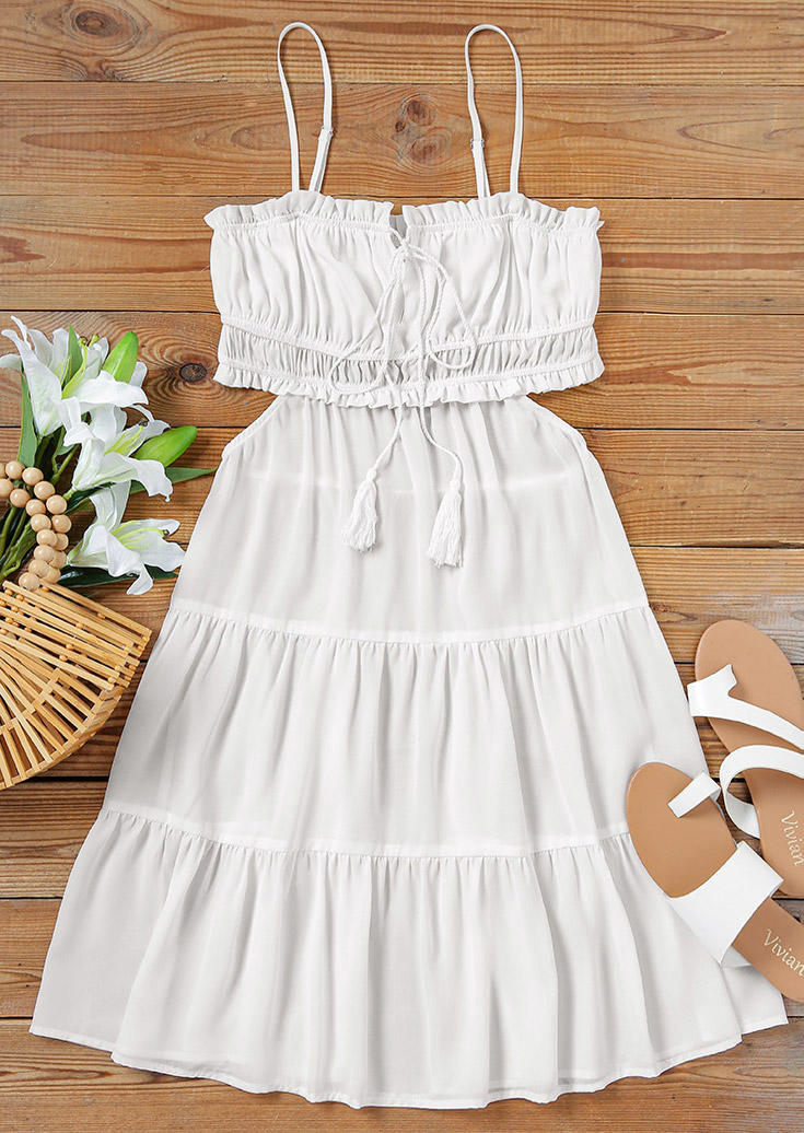 

Mini Dresses Ruffled Tie Tassel Open Back Mini Dress in White. Size: L,M,,XL
