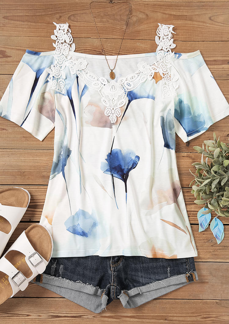 

Blouses Floral Lace Splicing Cold Shoulder Blouse in White. Size