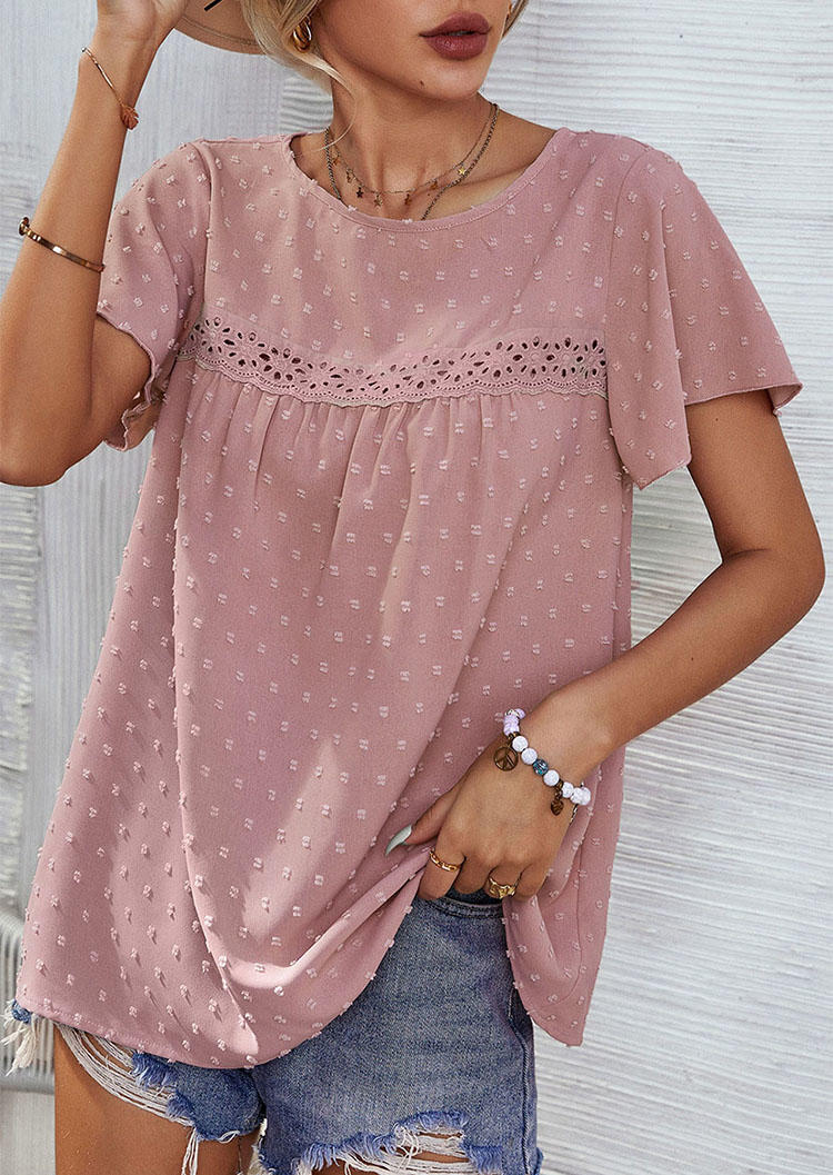 

Blouses Dotted Swiss Lace Splicing Ruffled Blouse in Pink. Size: L,M,,XL