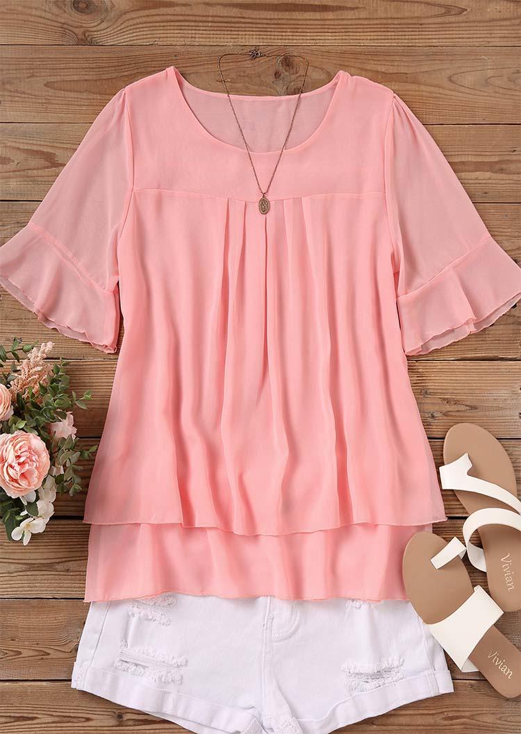 

Blouses Ruffled Short Sleeve O-Neck Blouse in Pink. Size: L,M,,XL