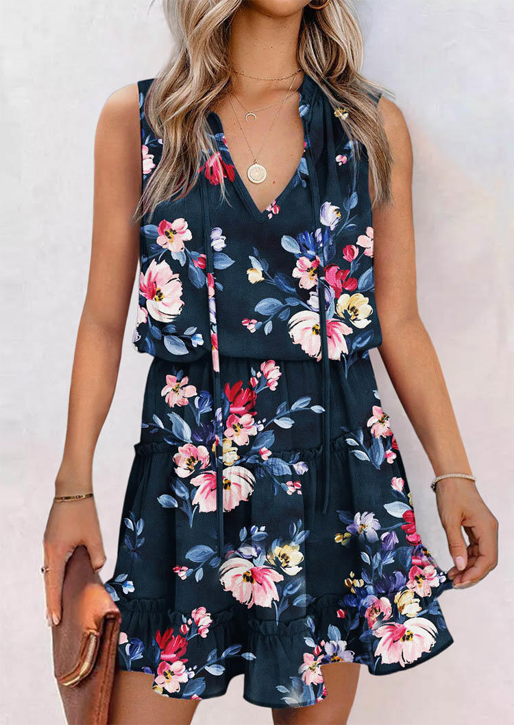 Floral Ruffled Tie V-Neck Mini Dress