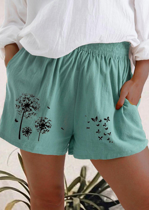 Butterfly Dandelion Elastic Waist Shorts - Blue