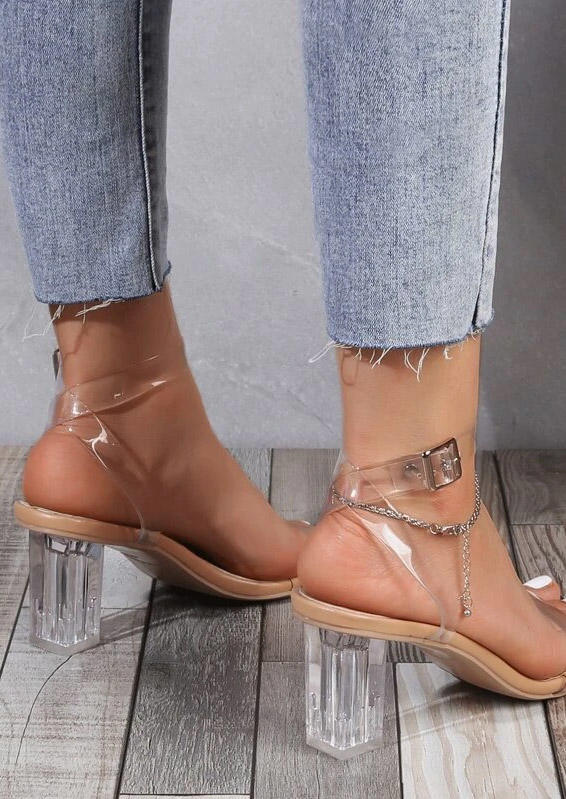 Transparent Buckle Strap Chunky Heels Sandals - Apricot