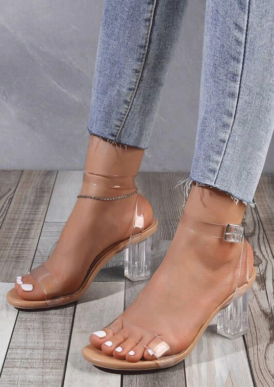 Transparent Buckle Strap Chunky Heels Sandals - Apricot
