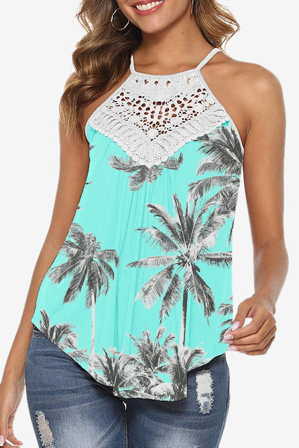 

Tank Tops Coconut Tree Lace Splicing Button Tank Top in Multicolor. Size: L,M,,XL