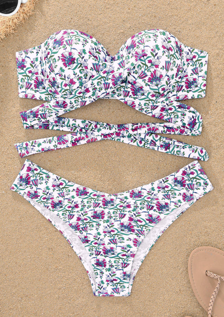 

Bikini Sets Ditsy Floral Criss-Cross Tie Bikini Set in White. Size: L,M,,XL