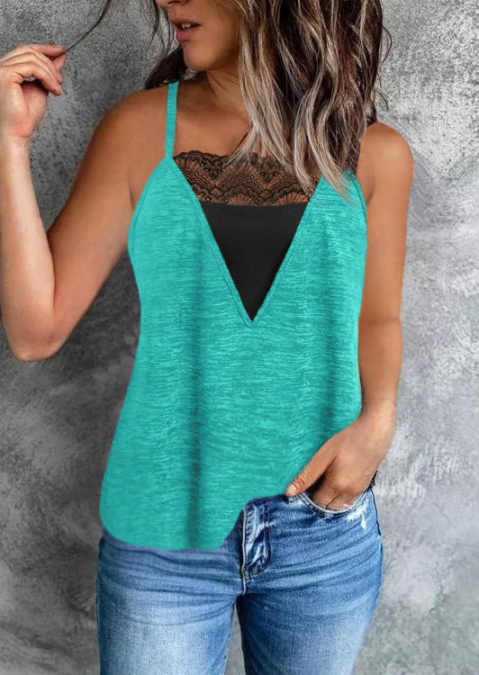 

Tank Tops Lace Splicing Ruffled Fake Two-Piece Camisole - Cyan in Blue. Size: L,M