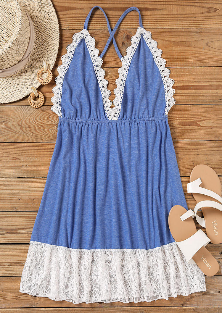 

Mini Dresses Lace Splicing Criss-Cross Ruffled Open Back Mini Dress in Blue. Size: L,M,,XL