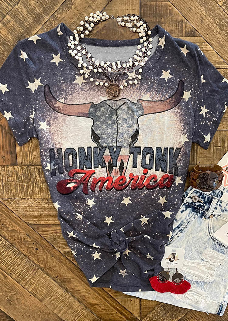 

T-shirts Tees Honky Tonk America Steer Skull Star Bleached T-Shirt Tee in Multicolor. Size