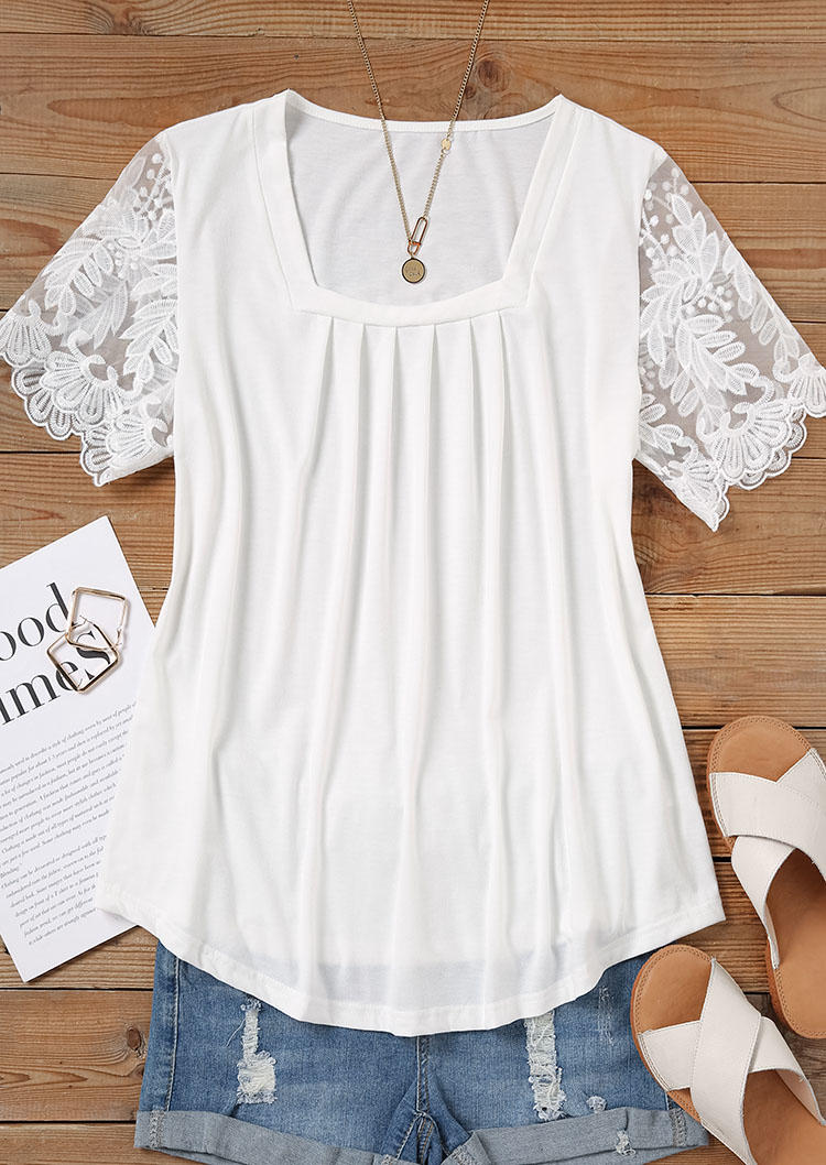 

Blouses Lace Splicing Ruffled Blouse in White. Size: L,,XL