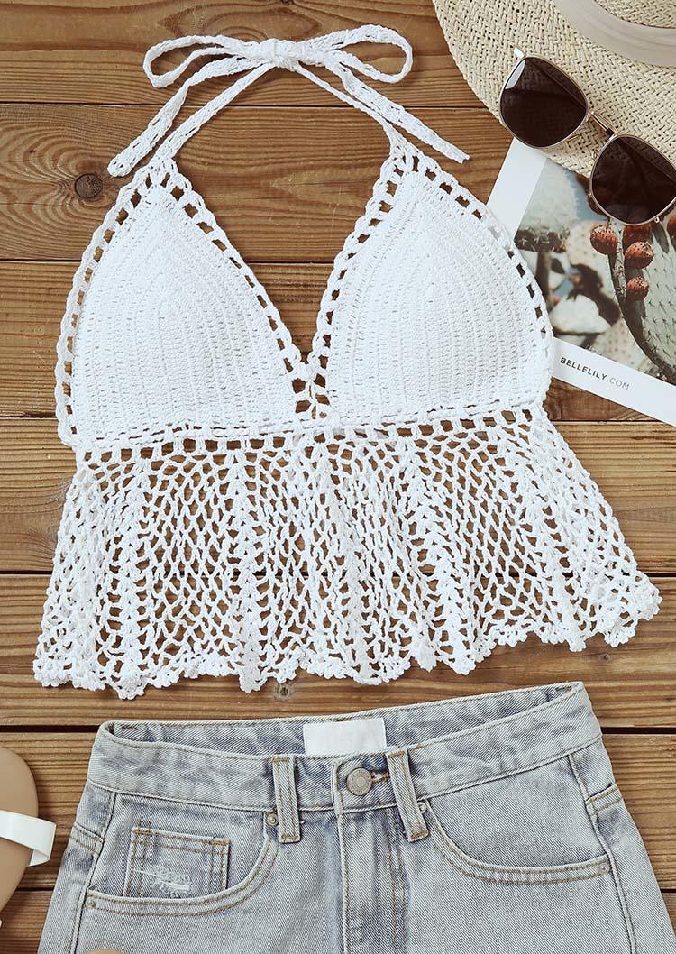 

Tank Tops Hollow Out Halter Knitted Camisole in White. Size