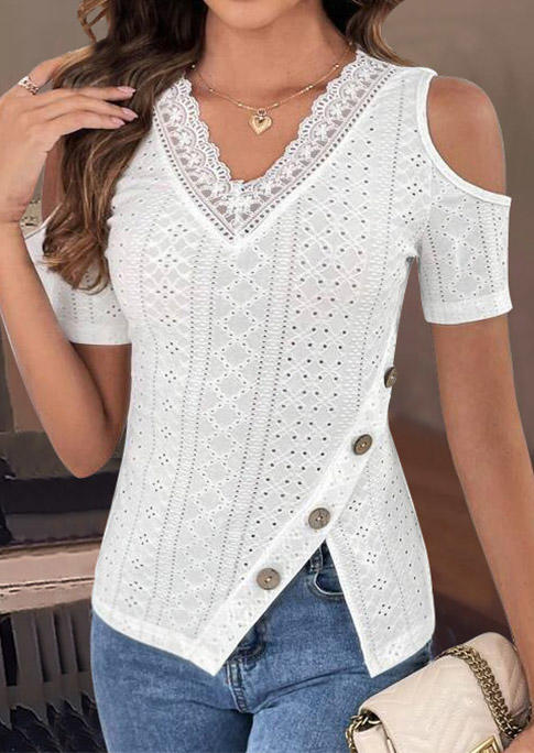 

Blouses Lace Splicing Button Hollow Out Cold Shoulder Blouse in White. Size: L,M,,XL