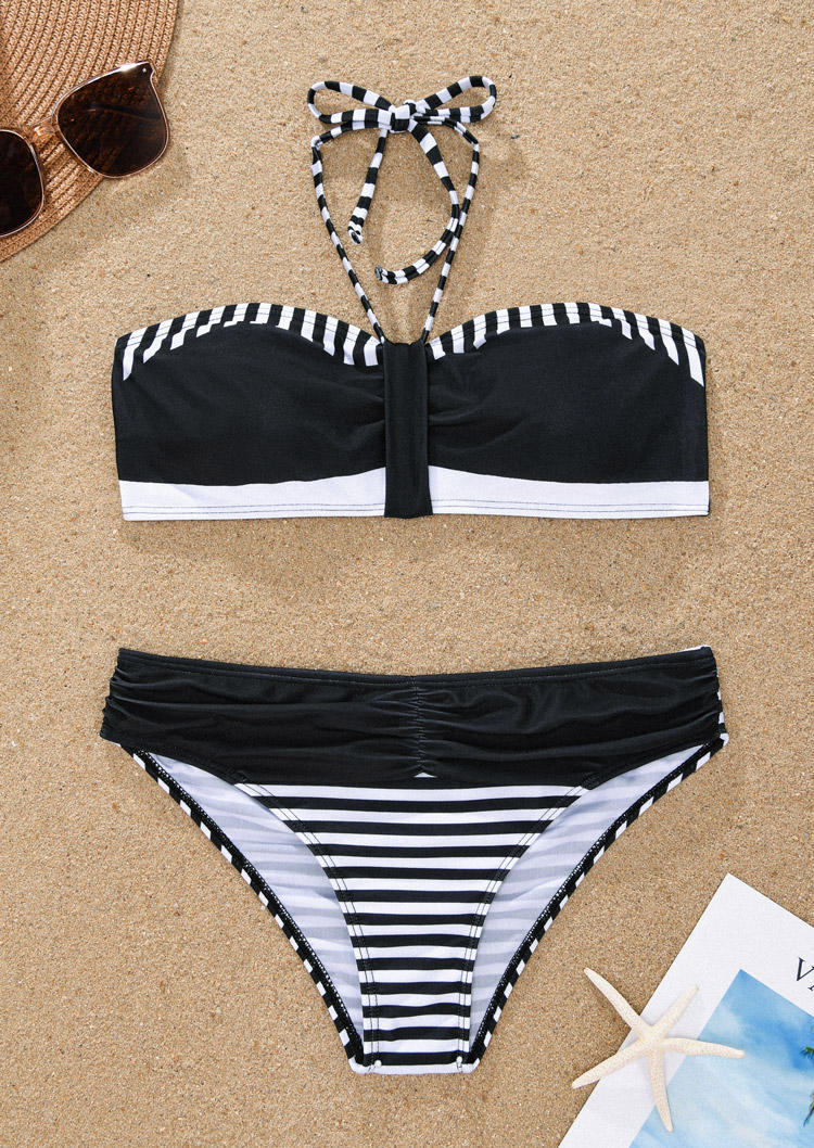 

Bikini Sets Color Block Striped Ruched Halter Bikini Set in Multicolor. Size: L,M,,XL
