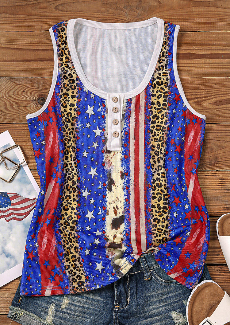 

Tank Tops Leopard Striped Star Button Tank Top in Multicolor. Size: L,M,,XL