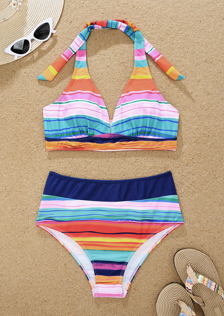 

Bikini Sets Striped Color Block Halter Bikini Set in Multicolor. Size: L,M,,XL