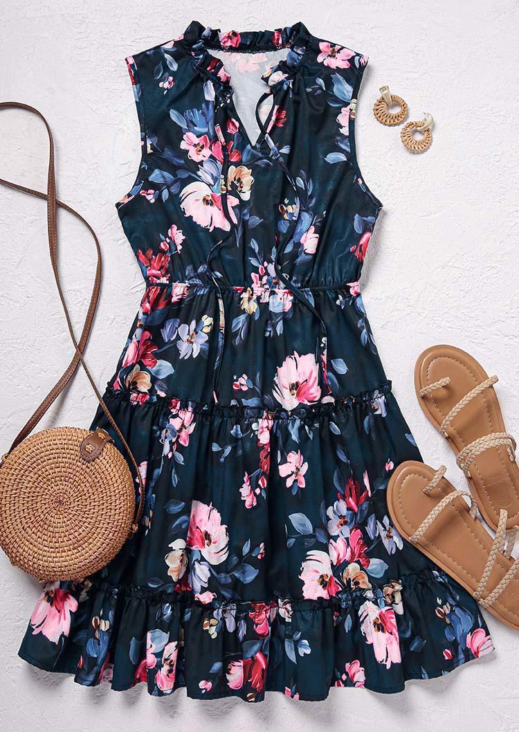 

Mini Dresses Floral Ruffled Tie V-Neck Mini Dress in Multicolor. Size: L,M