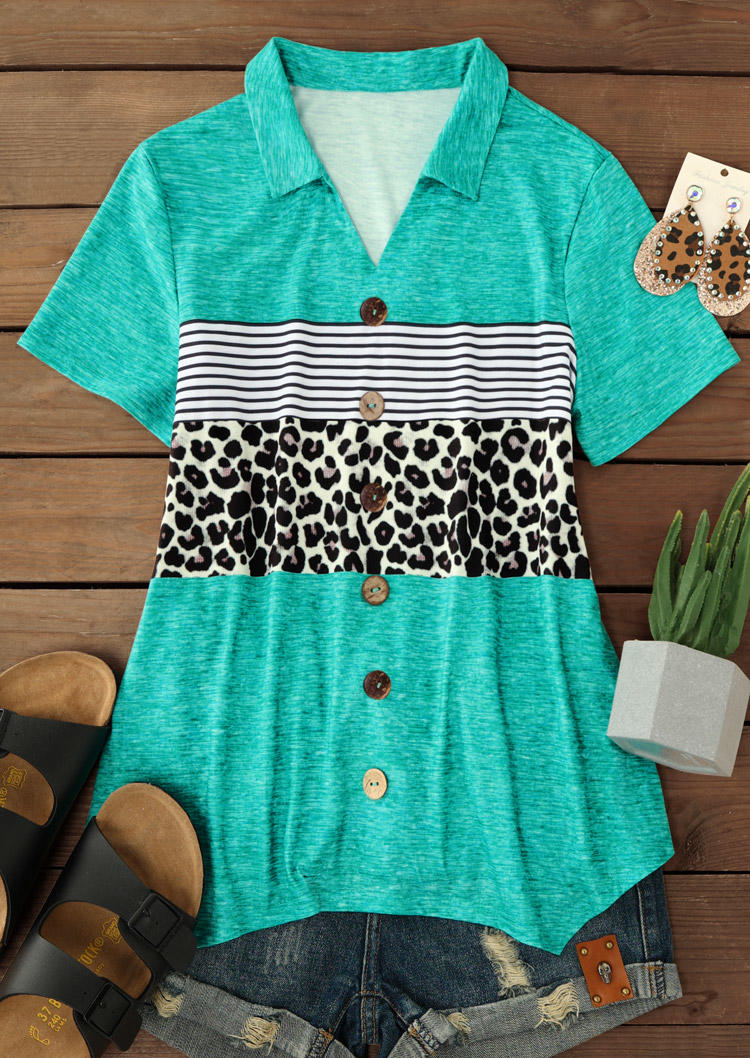

Blouses Leopard Striped Button Irregular Hem Blouse in Multicolor. Size: L,M,,XL
