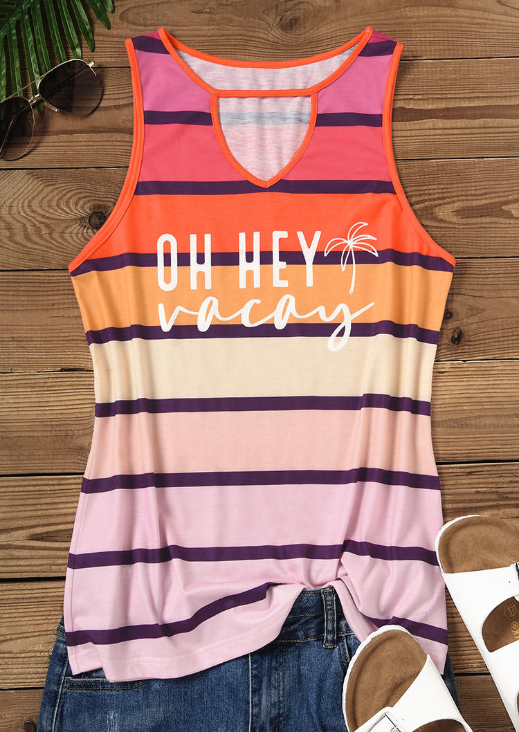 

Tank Tops Oh Hey Vacay Striped Coconut Tree Hollow Out Tank Top in Multicolor. Size: L,M,,XL