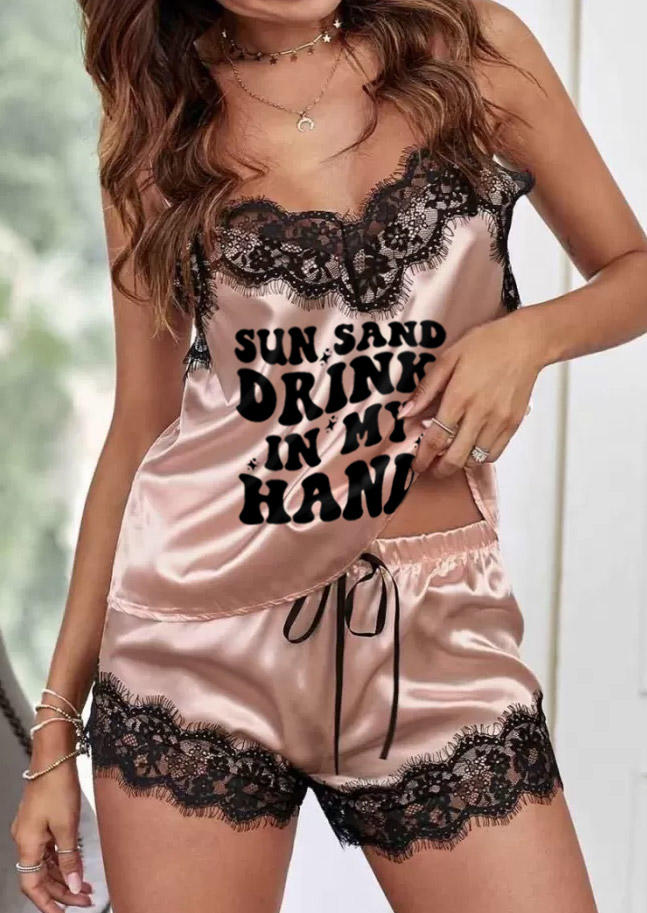 

Sleepwear Sun Sand Drink In My Hand Lace Splicing Camisole And Shorts Pajamas Set in Apricot. Size: L,M,,XL