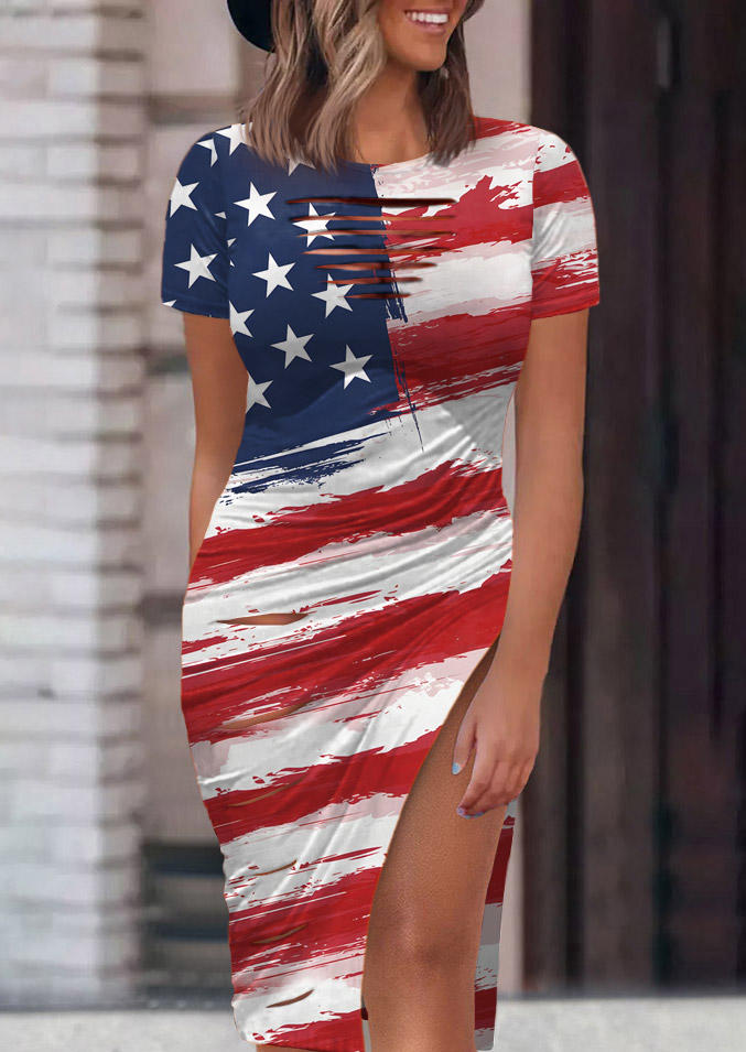American Flag Cut Out Slit Bodycon Dress