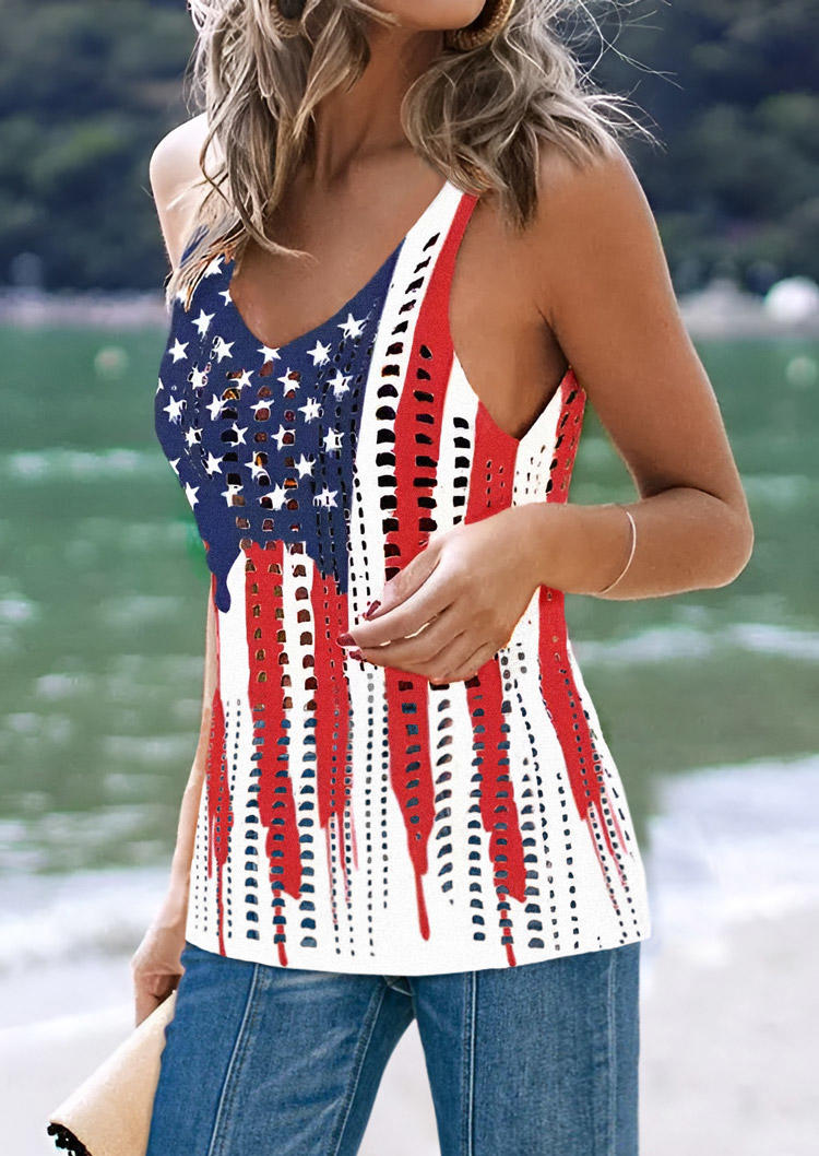 

Tank Tops American Flag Hollow Out Crochet Tank Top in Multicolor. Size: L,M,,XL