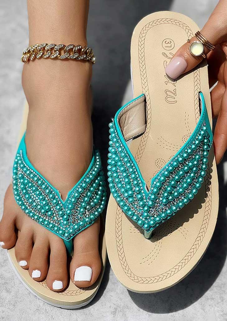 Pearl Flip Flops Flat Slippers without Anklet - Cyan