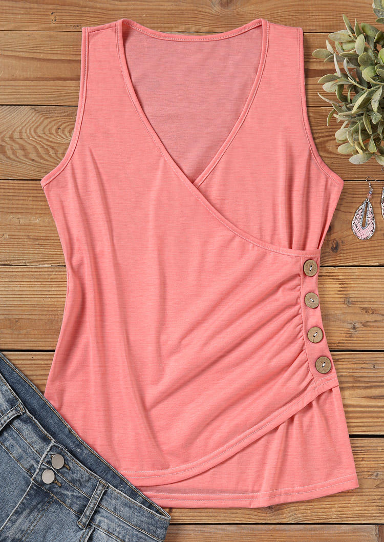 

Tank Tops Button Ruched Wrap V-Neck Tank Top in Pink. Size